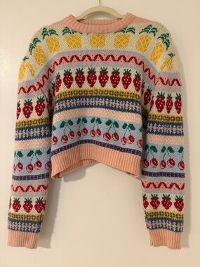 Zara Pink Cropped Fruit Fair Isle Sweater